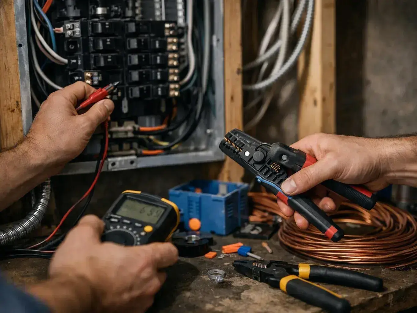 Hands test wiring in an open electrical panel with a multimeter, crimpers, and copper cable on a workbench