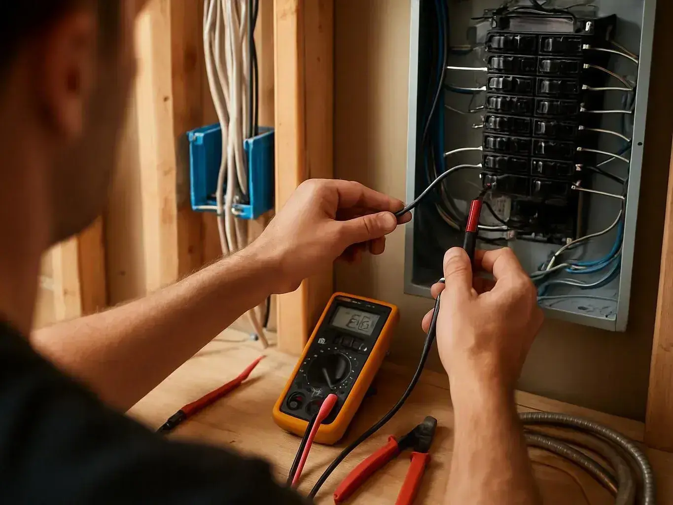 A person tests wiring inside an open electrical panel with a multimeter in a wooden-framed wall cavity