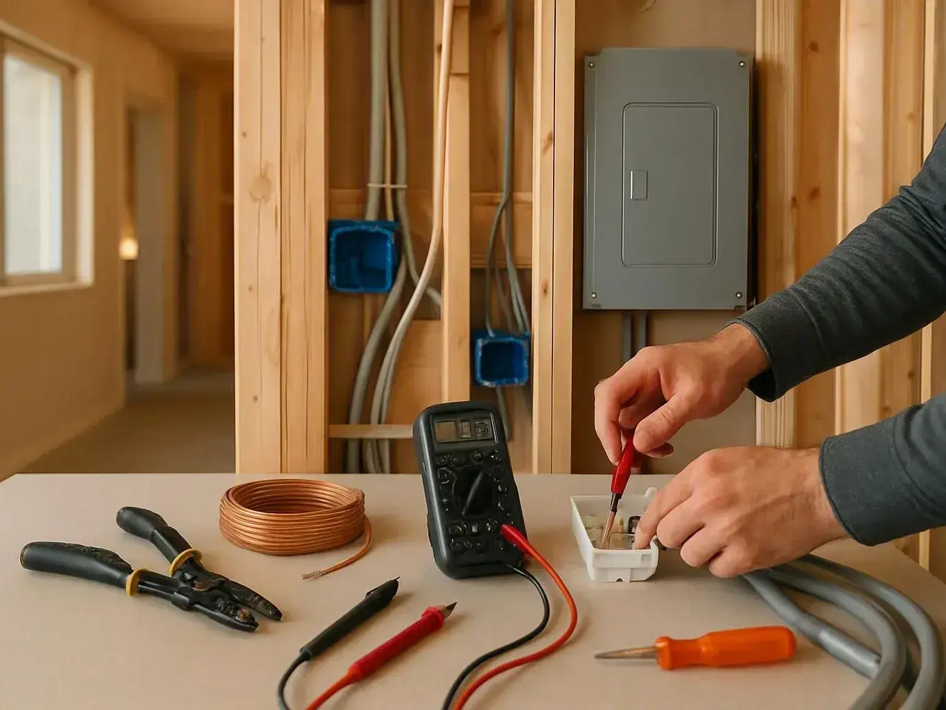 Technician wires a small electrical box using a multimeter and screwdriver