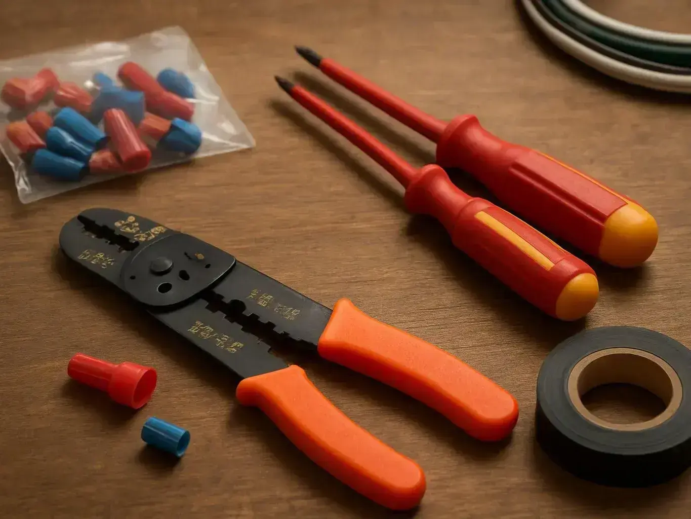 Electrical tools, connectors, and tape lie on a wooden table