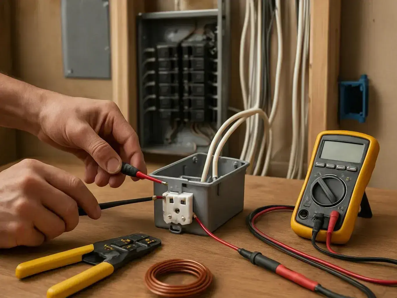 Hands test wiring inside an open electrical box beside wire tools and a digital