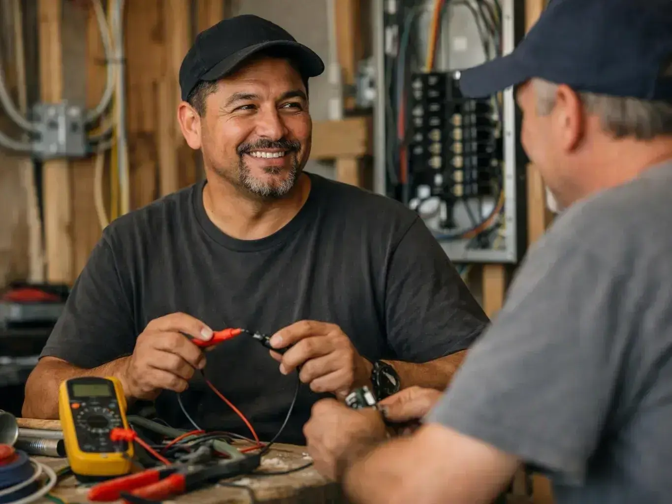 Two electricians test electrical wires with a multimeter at a workshop workbench