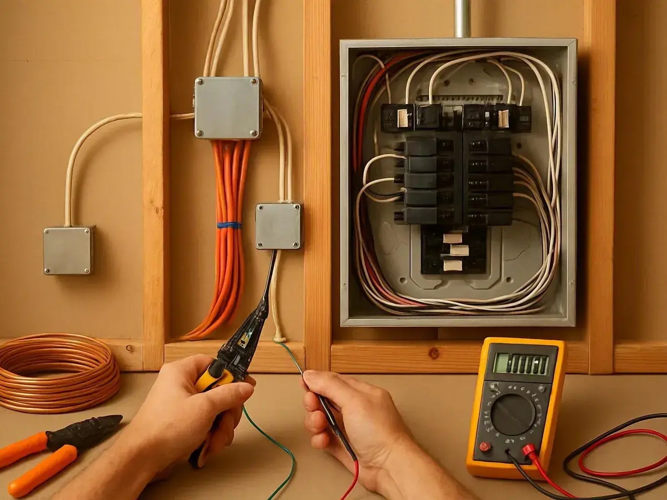 Hands test electrical wires beside an open breaker panel using a multimeter and