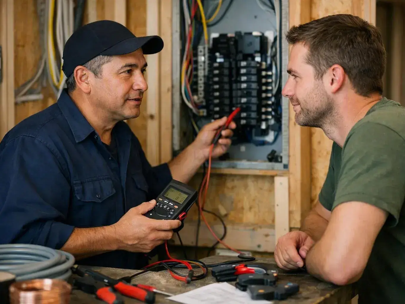 Two electricians inspect an electrical panel with a multimeter inside a wooden