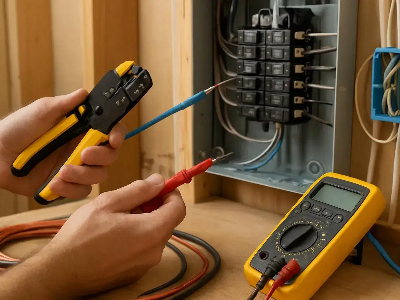 Hands test wiring in an open electrical panel beside a crimping tool and yellow