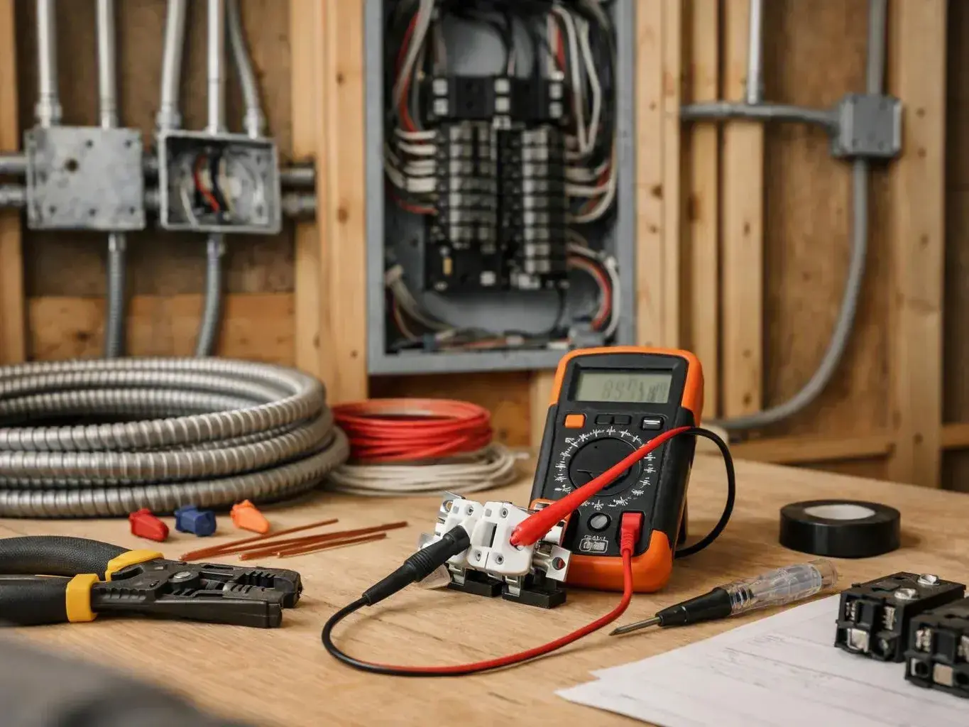 Multimeter, wire tools, and electrical panels arranged in a wall framing