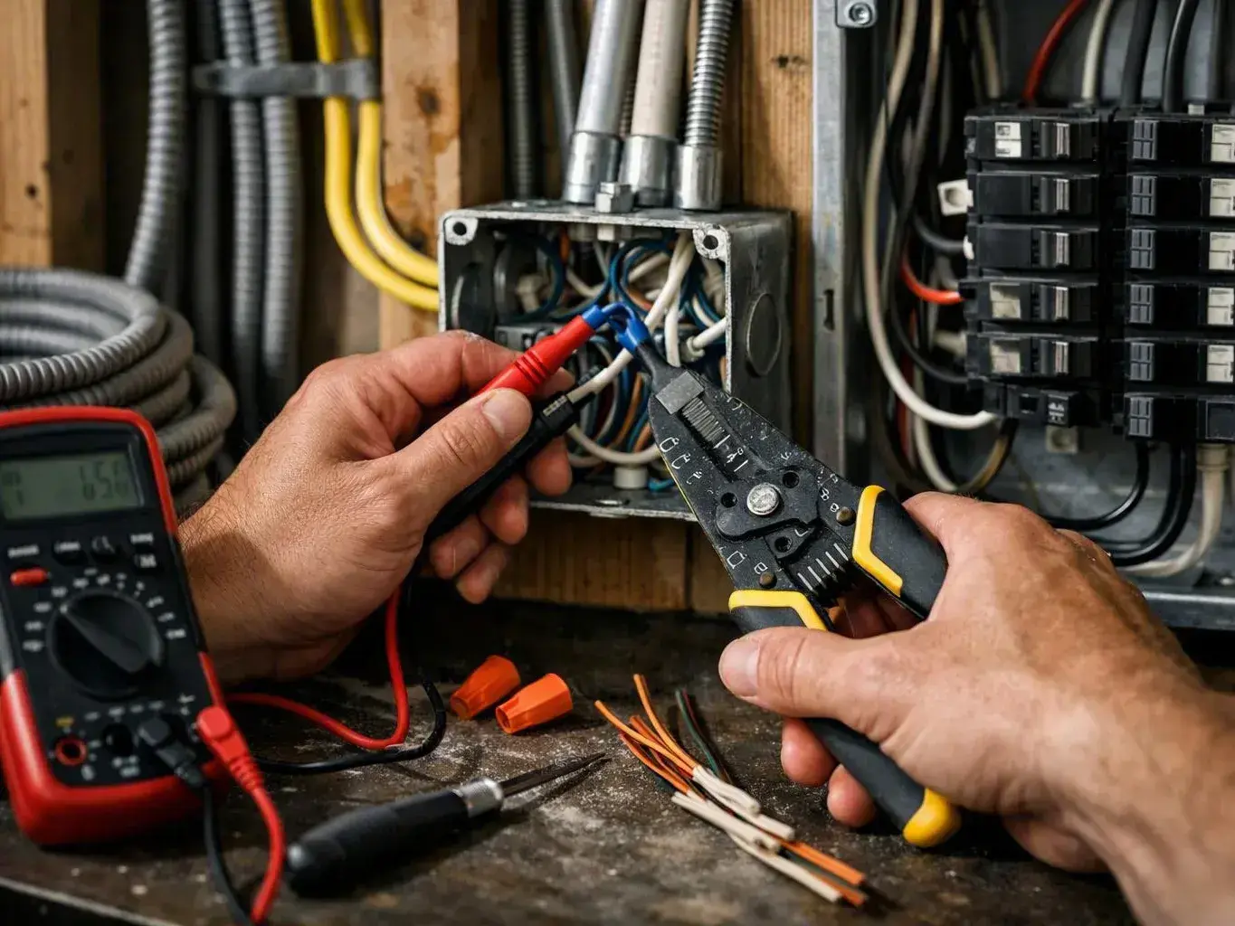Hands wiring an open electrical box beside a breaker panel and testing tools