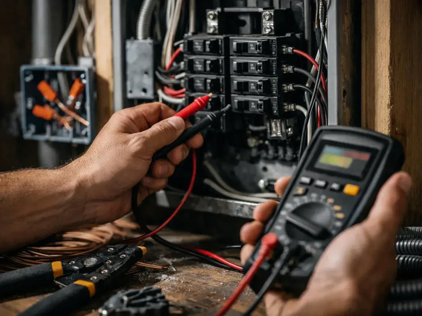 Hands test a circuit breaker panel using a multimeter and probe leads
