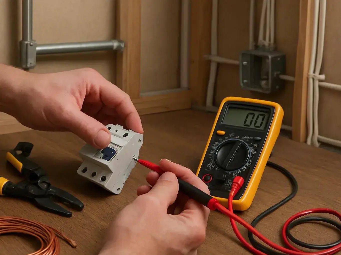 Hands measure a circuit breaker with a digital multimeter on a wooden workbench