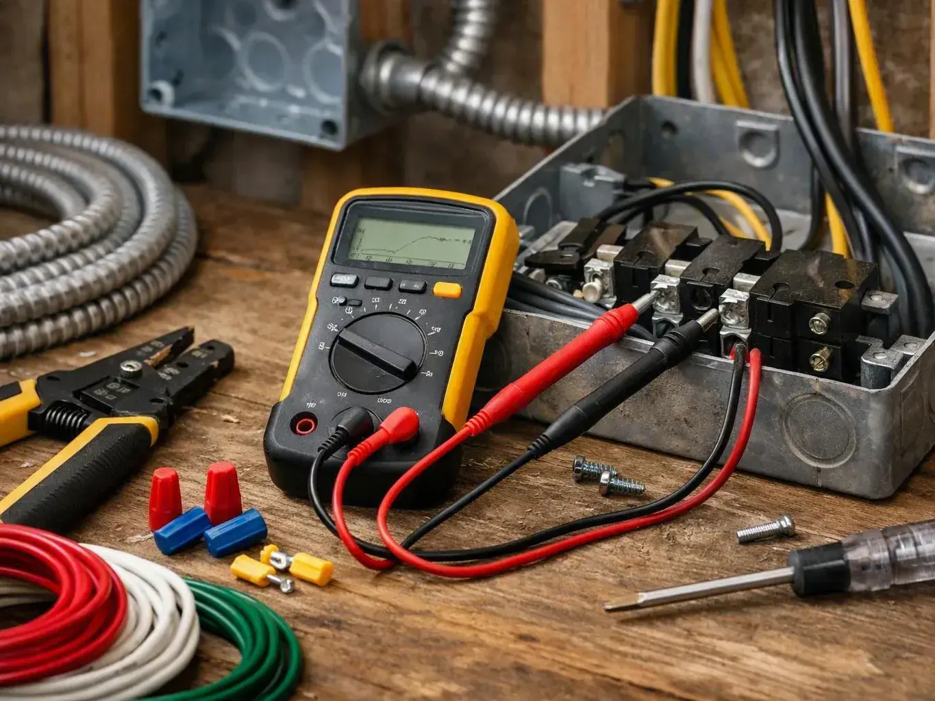 Digital multimeter and wire tools beside an open electrical box on a workbench