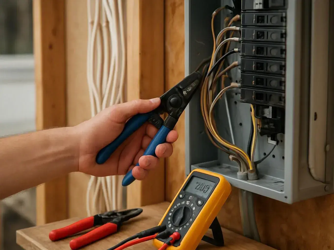 Hand uses blue pliers on wiring inside an open breaker panel beside a yellow