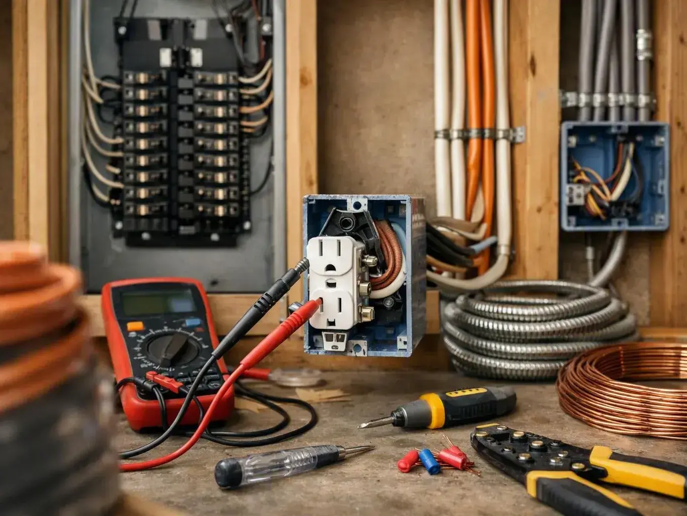Electrical tools and wiring parts sit on a workbench in a utility room with open breaker panels and conduit￼
