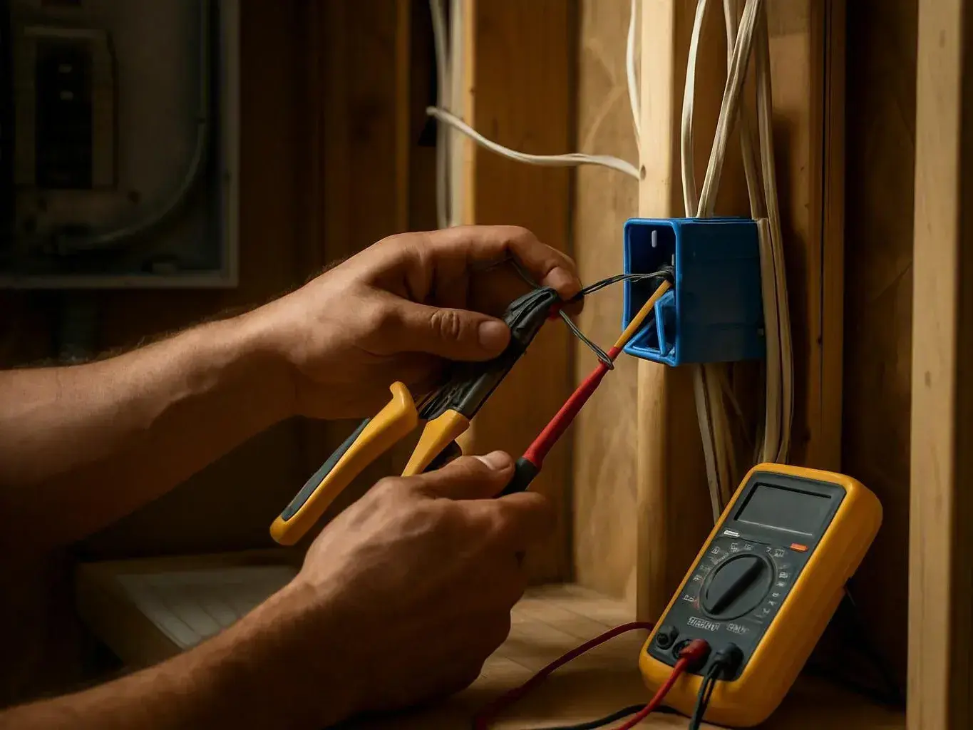 Hands test electrical wires in a blue wall box beside a yellow multimeter in a wooden wall cavity