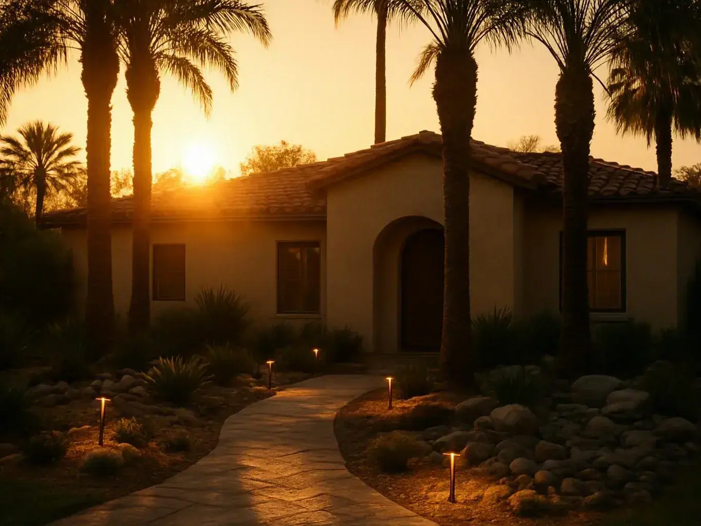 Sunset behind a palm-lined house, with a curved illuminated walkway leading to