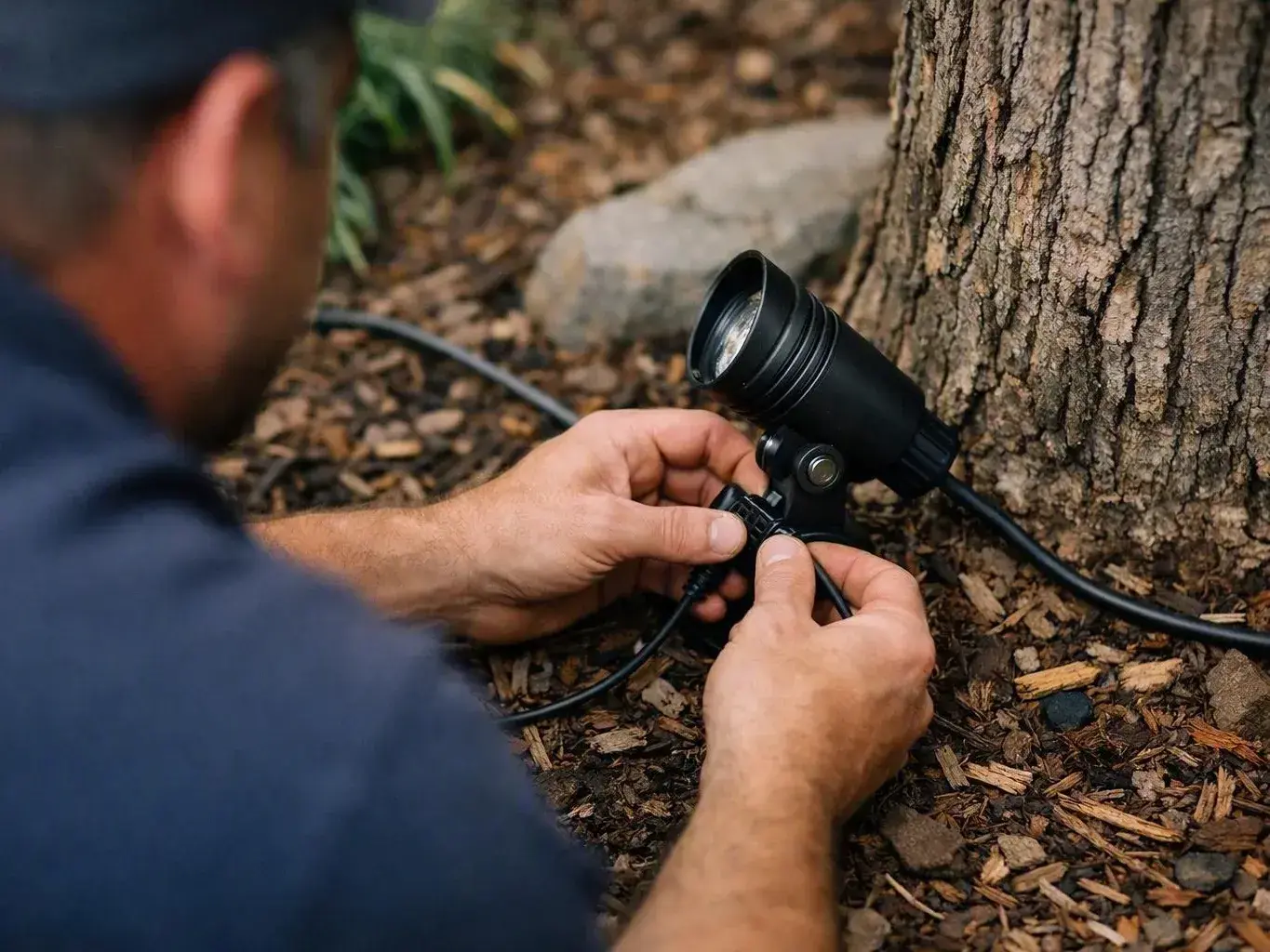 Man connects a black outdoor light beside a tree in a landscaped garden bed