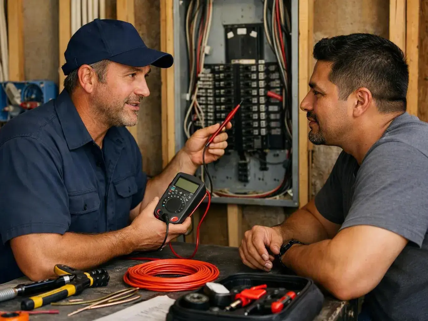 Two electricians inspecting an electrical panel, with one holding a multimeter