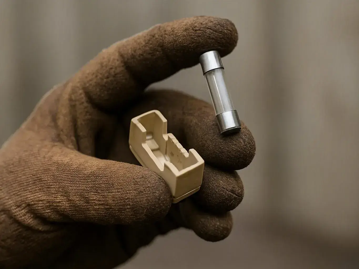 Gloved hand holding a small glass fuse and beige plastic fuse holder