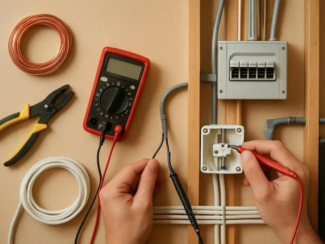 Hands test electrical wires beside a multimeter, pliers, conduit, and an open