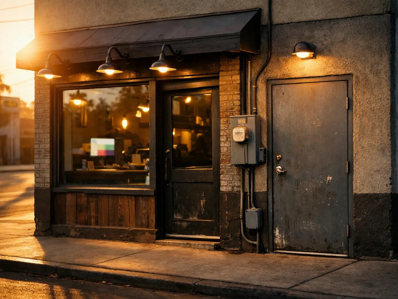 A quiet storefront glows at sunset, with a dark door, window, and wall lamps on a worn facade