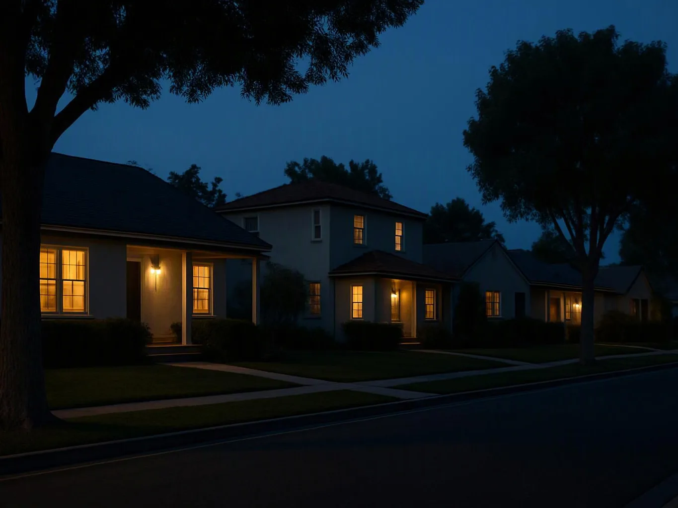 Quiet suburban houses glow with porch lights under dark blue evening sky