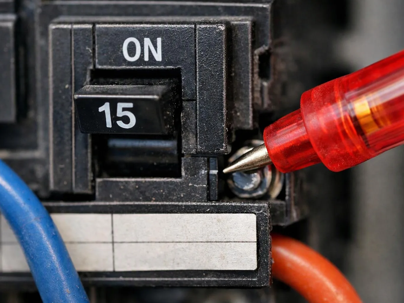 A red screwdriver tests a black circuit breaker labeled 15, with blue and orange wires nearby