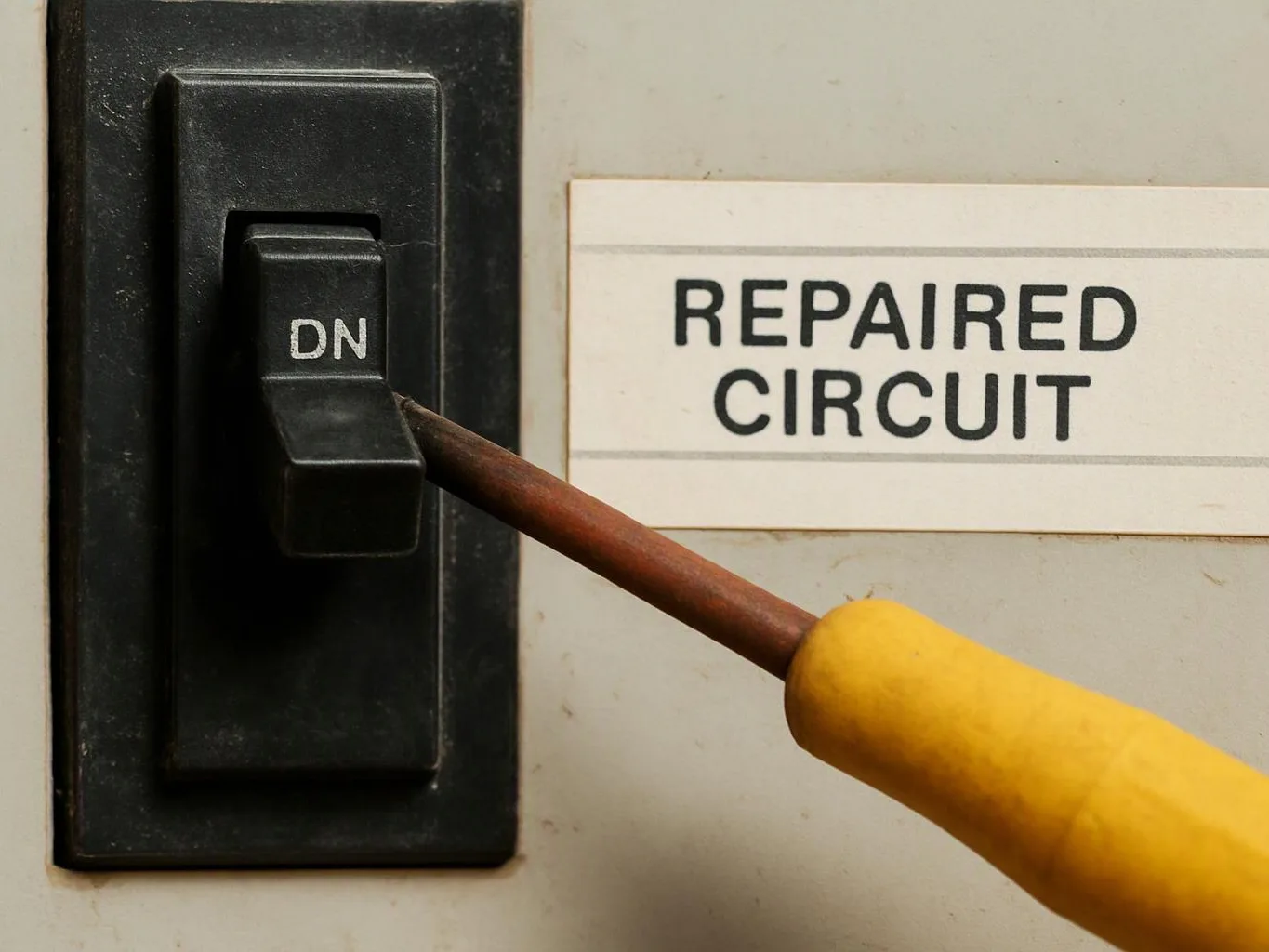 A screwdriver presses a black switch beside a label reading “REPAIRED CIRCUIT”