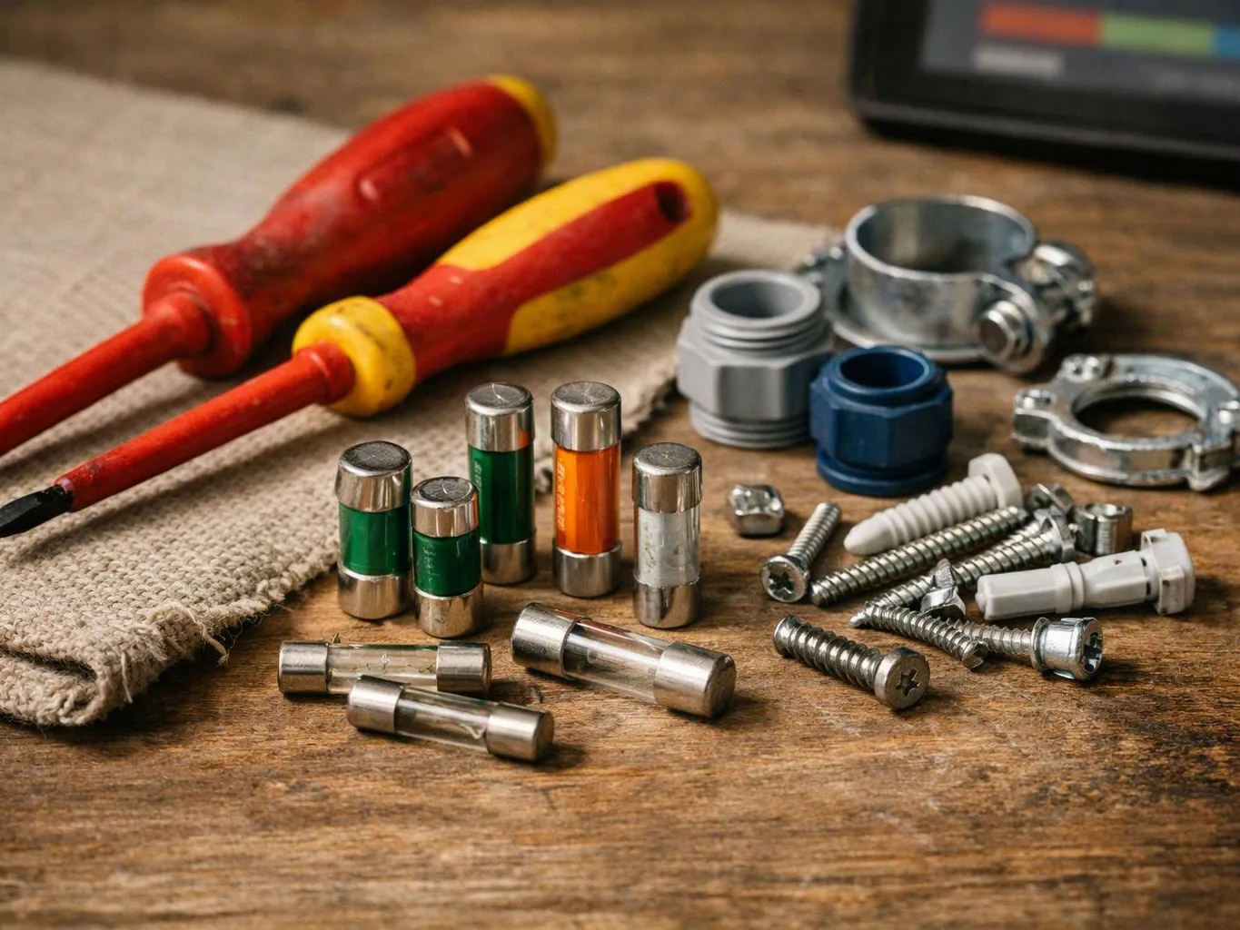 Screwdrivers, fuses, screws, anchors, and metal fittings are spread across a wooden workbench