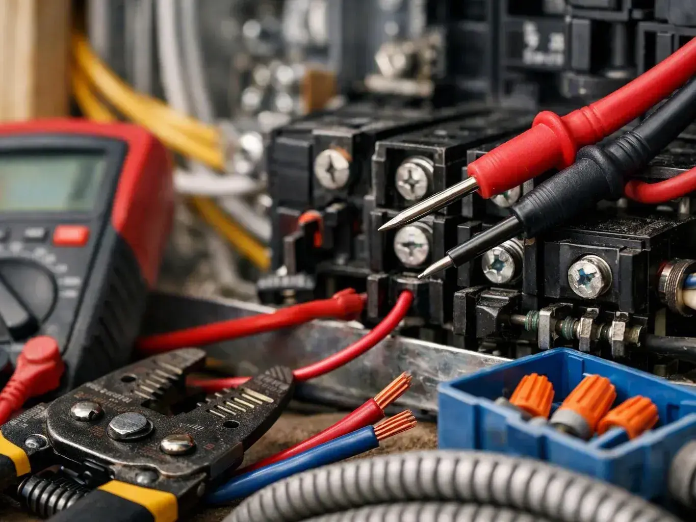 Technician repairing an outlet beside a shop counter