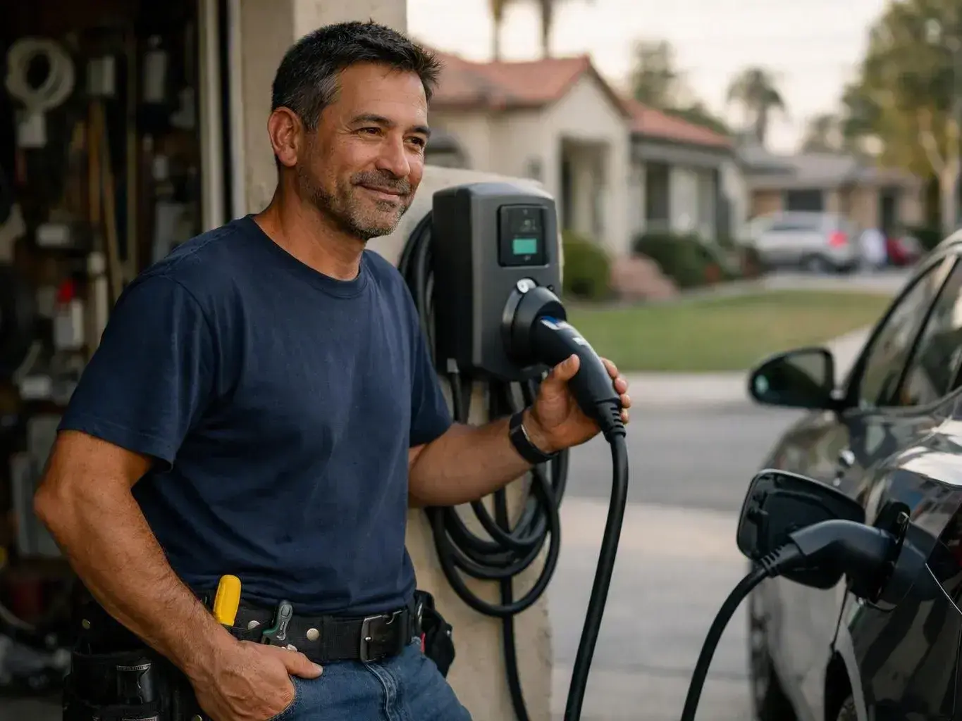 Man holds a charging plug beside a black electric car and wall charger