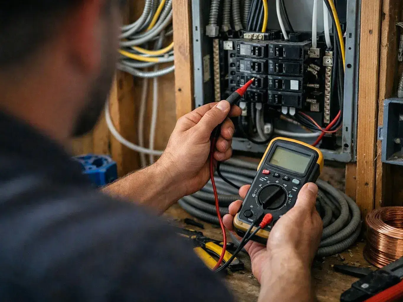 Electrician tests a breaker panel with a multimeter in a wiring-filled utility