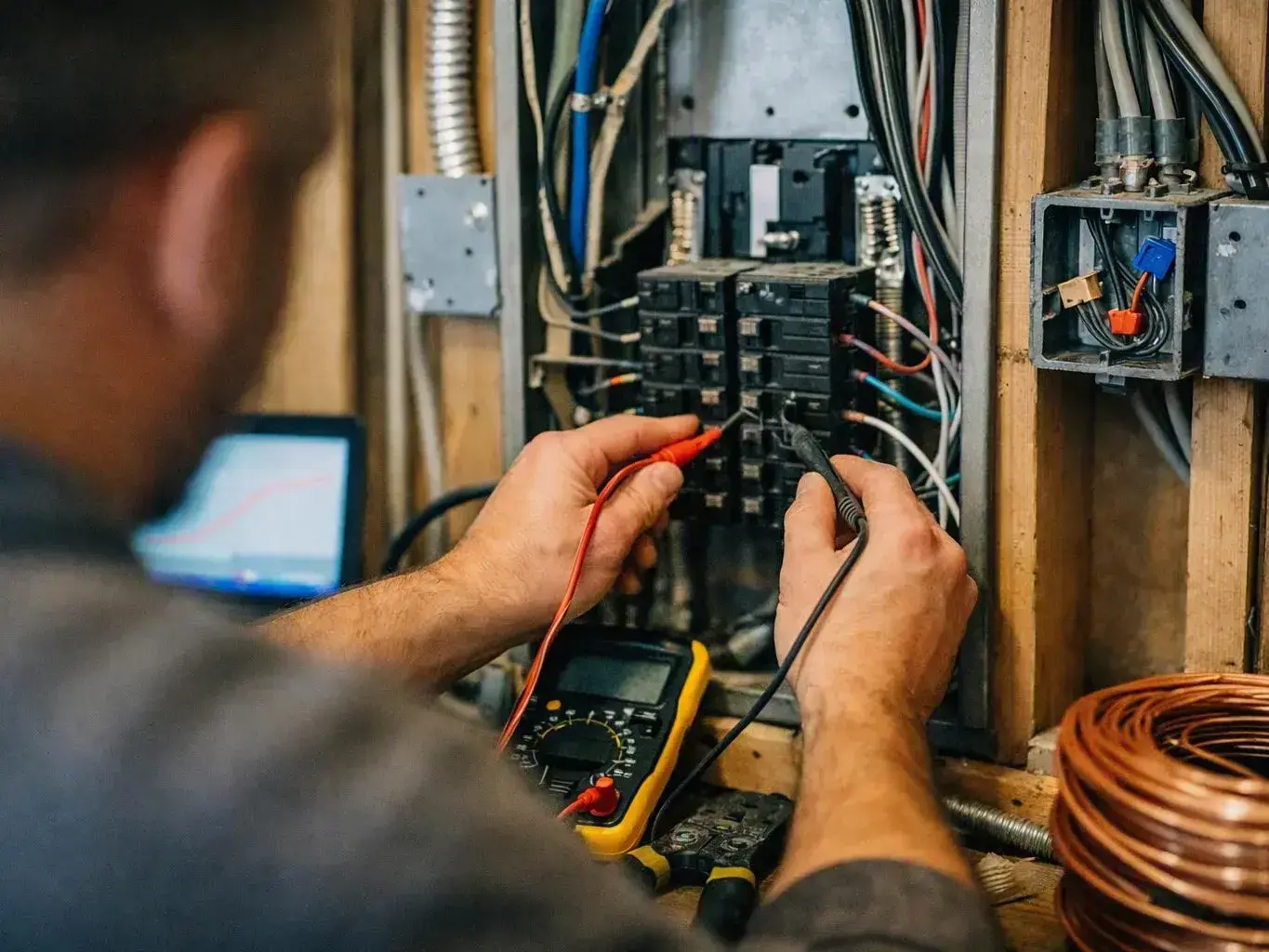 Electrician tests a breaker panel with a multimeter inside a wooden utility