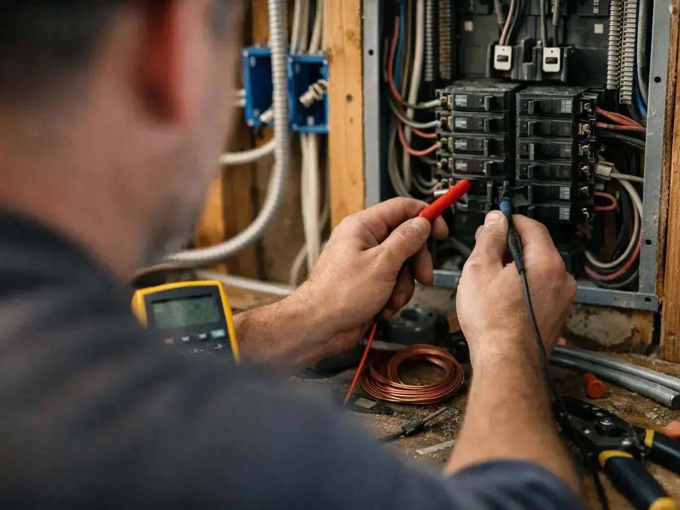 Electrician tests a circuit breaker panel with probes inside an open utility