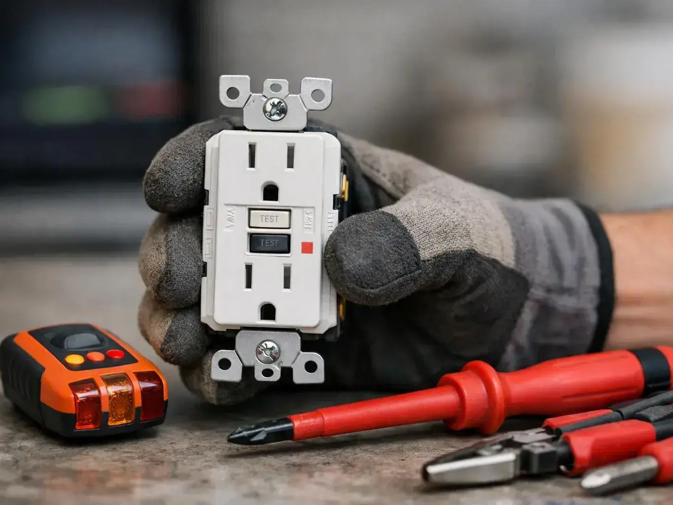 Gloved hands hold a white electrical outlet beside a voltage tester and red