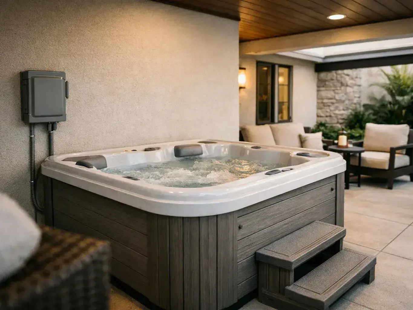 Bubbling hot tub on a covered patio beside chairs and potted plants