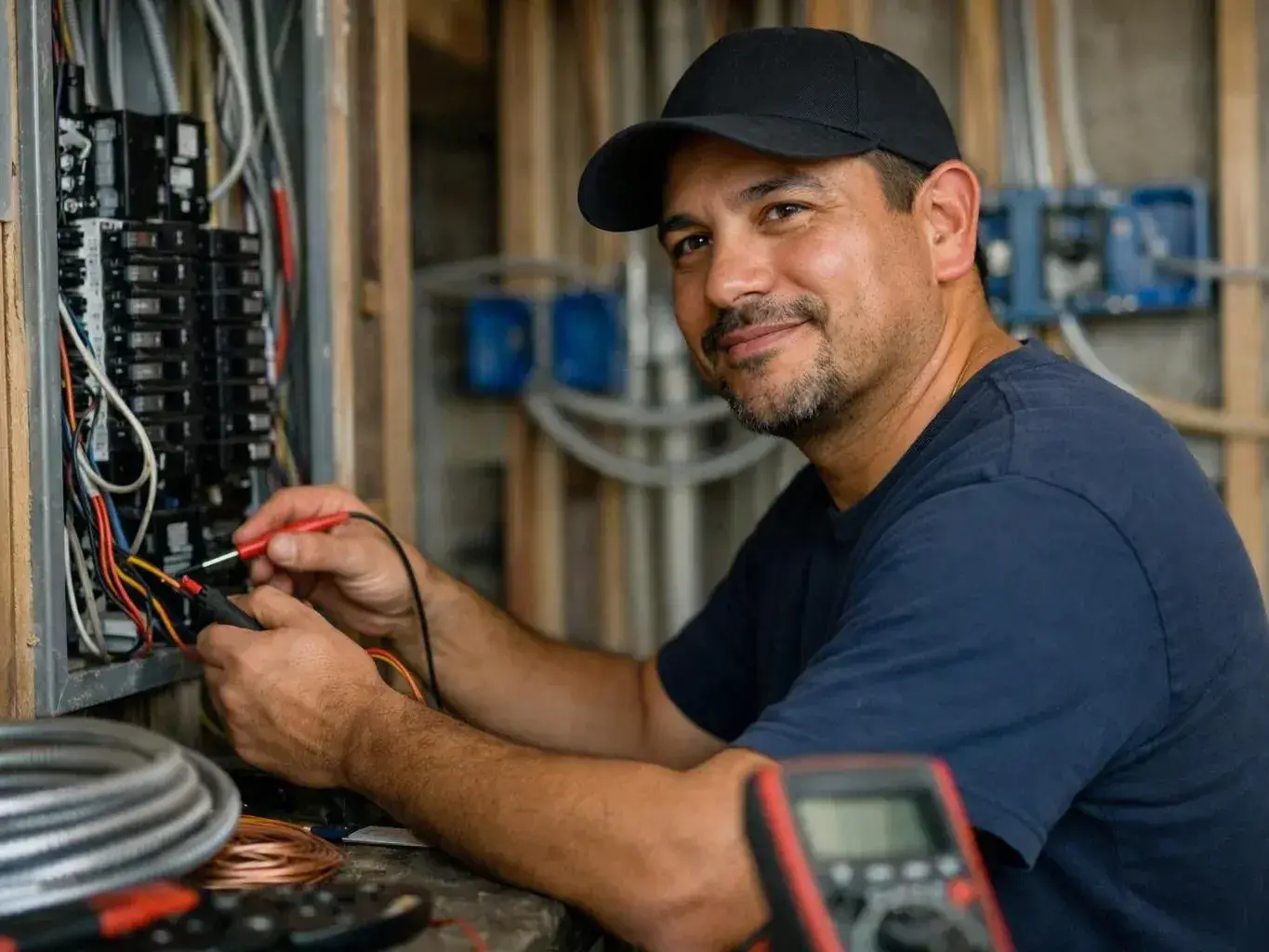 Electrician tests wiring inside an unfinished wall with tools nearby