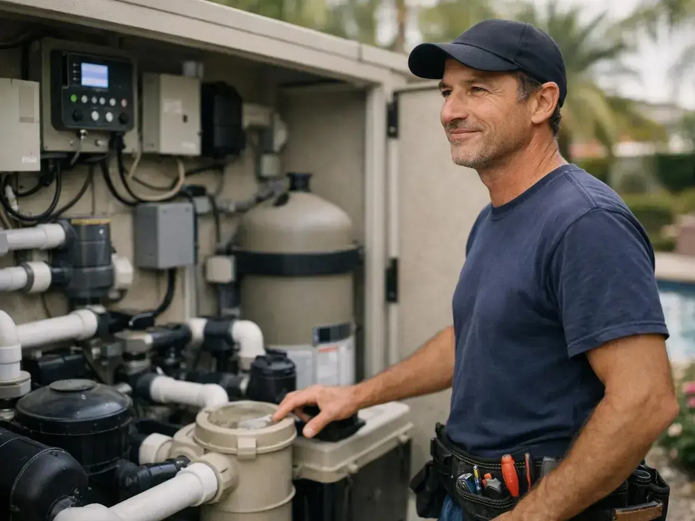 Man inspecting pool filter equipment and connected outdoor plumbing beside a