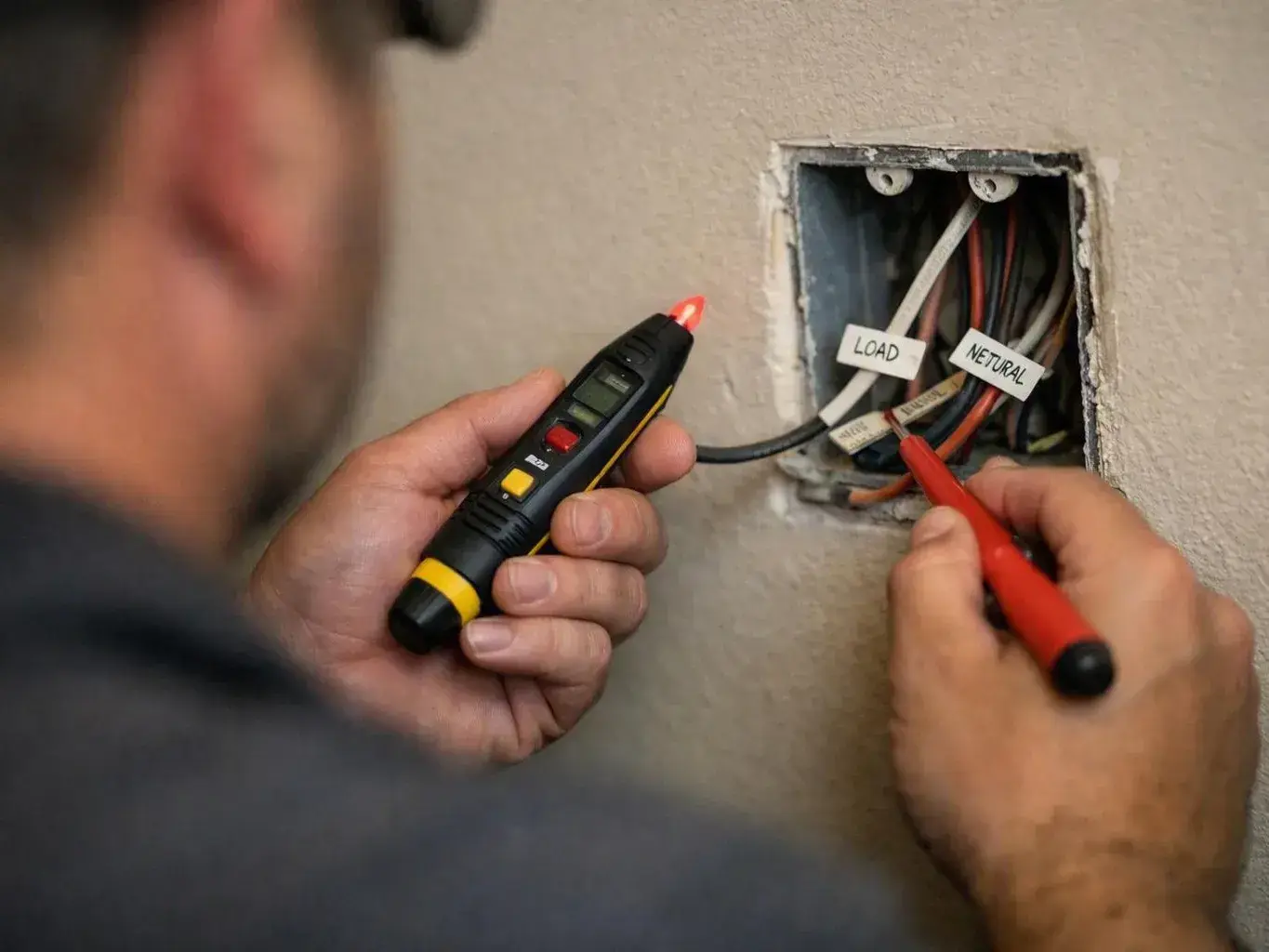 Worker installing an EV charger on a garage wall — Should I Call the Utility or an Electrician During an Outage?