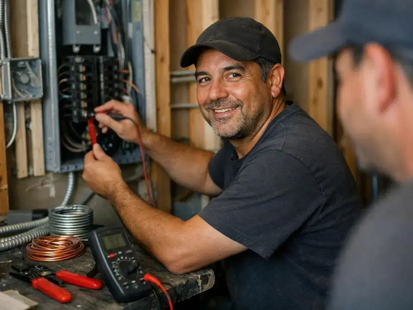 Smiling electrician tests wiring inside an unfinished wall beside tools and
