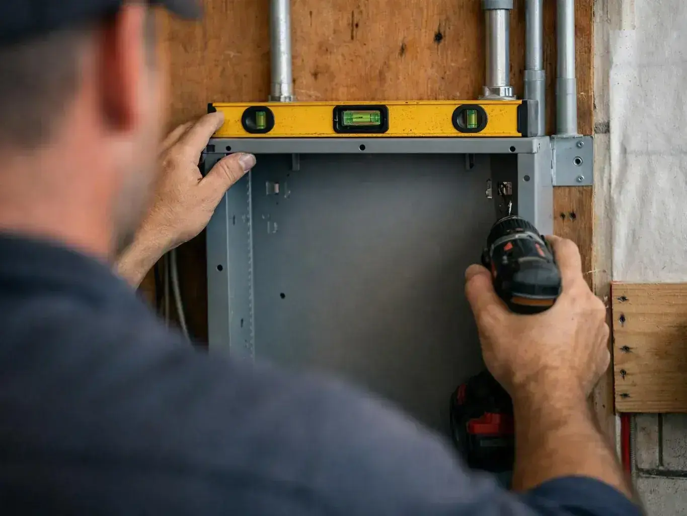 Technician repairing an outlet beside a kitchen counter