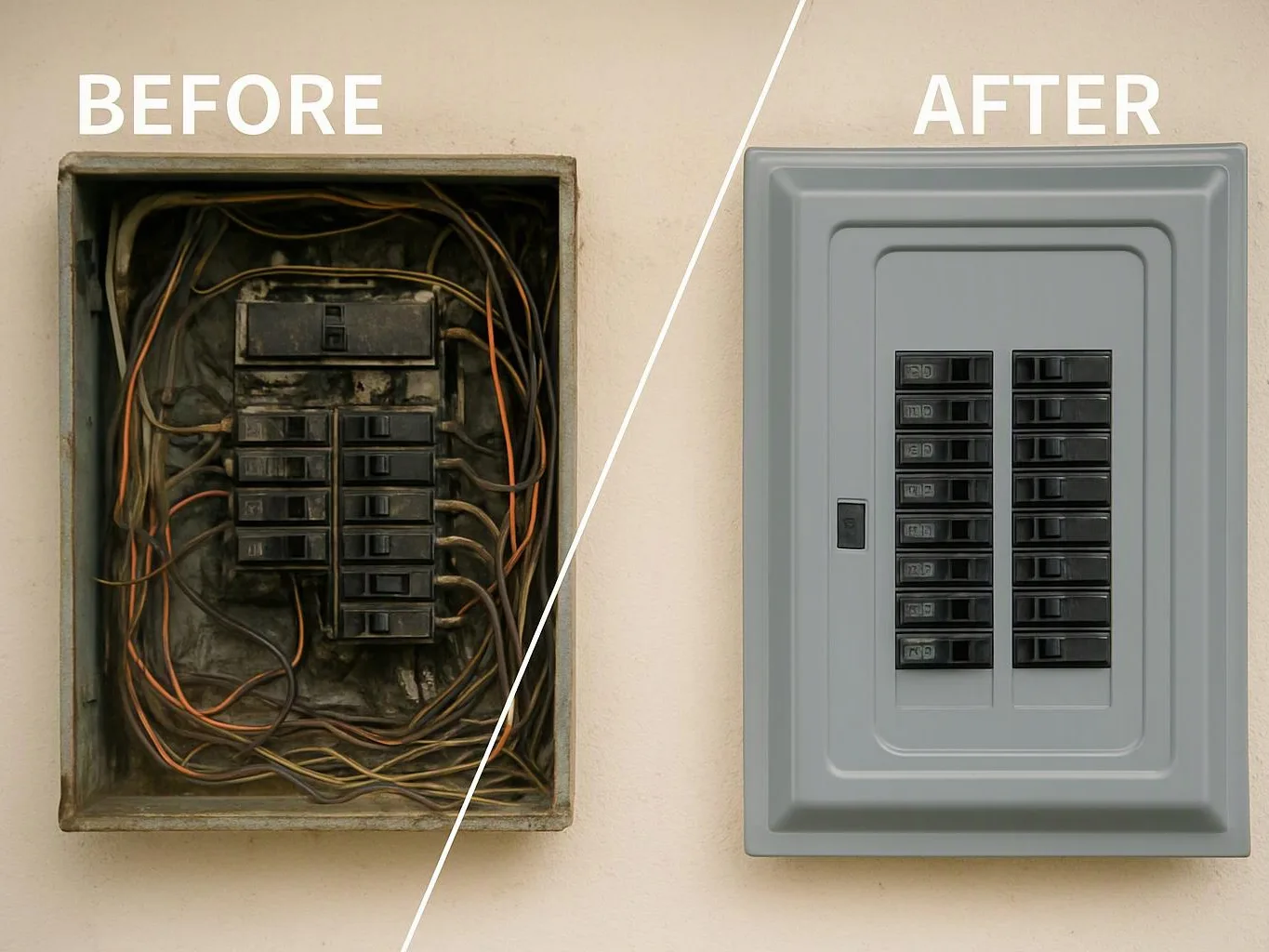 Side-by-side before and after electrical panels show a messy open box and a clean covered breaker panel