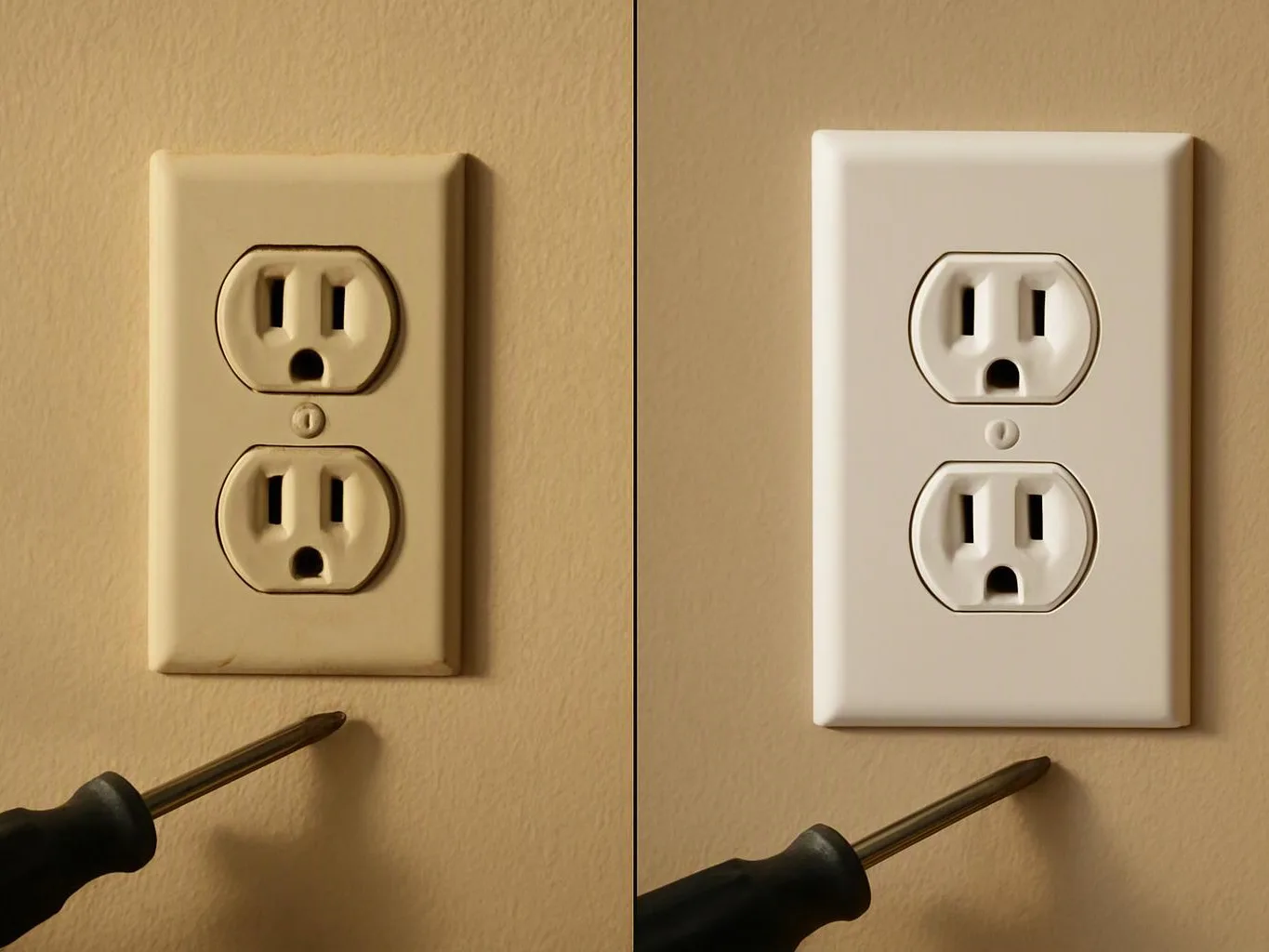 Side-by-side outlet plates show a worn beige cover on the left and a clean white one on the right, with a screwdriver below