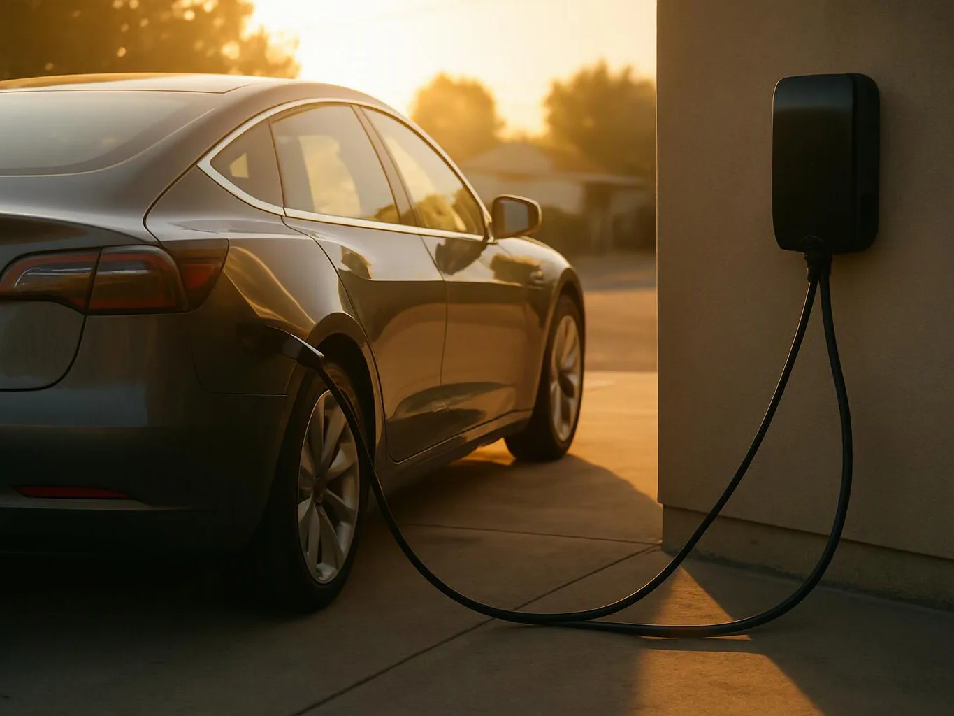 A silver electric car is parked beside a wall charger on a sunlit driveway