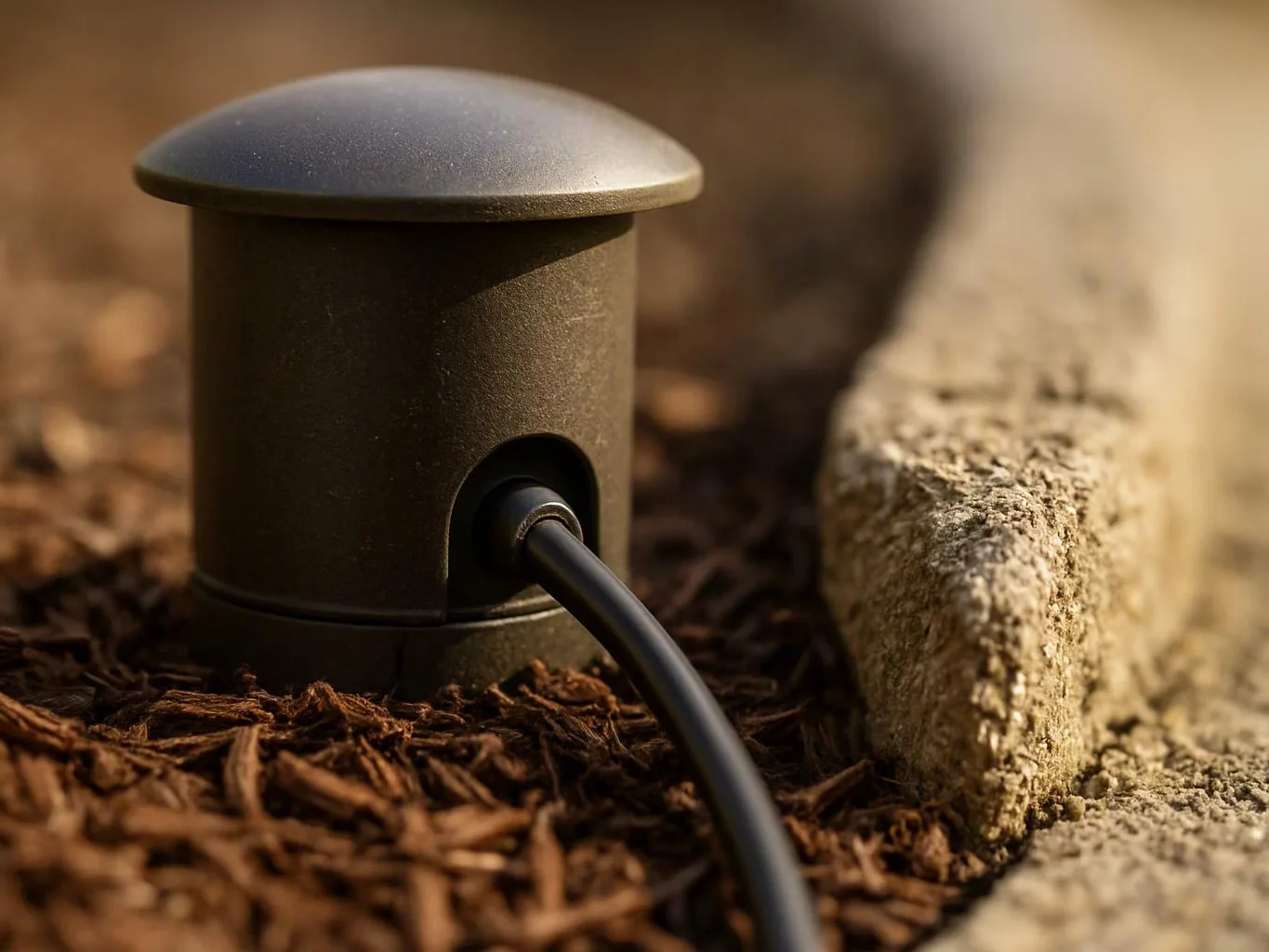 A small black garden light sits in mulch beside a stone edge with a cable attached