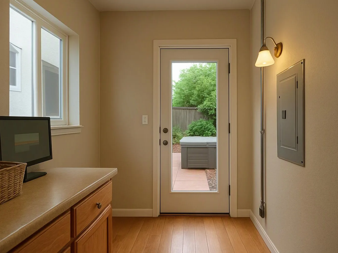 A small utility room shows a glass door to a patio, a lit wall sconce, and a monitor on a counter