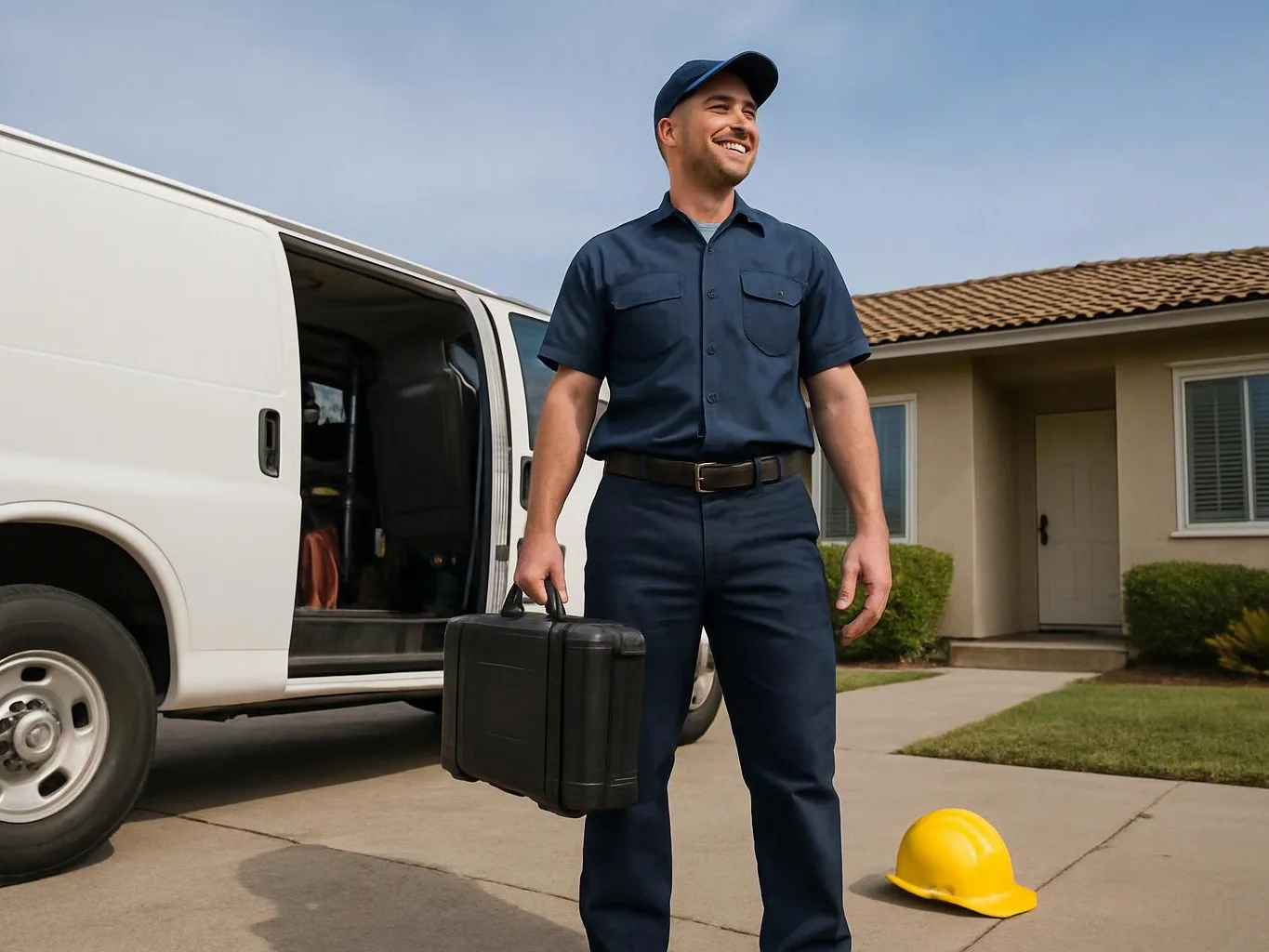 A smiling delivery worker in blue uniform stands by a white van, holding a black case outside a house