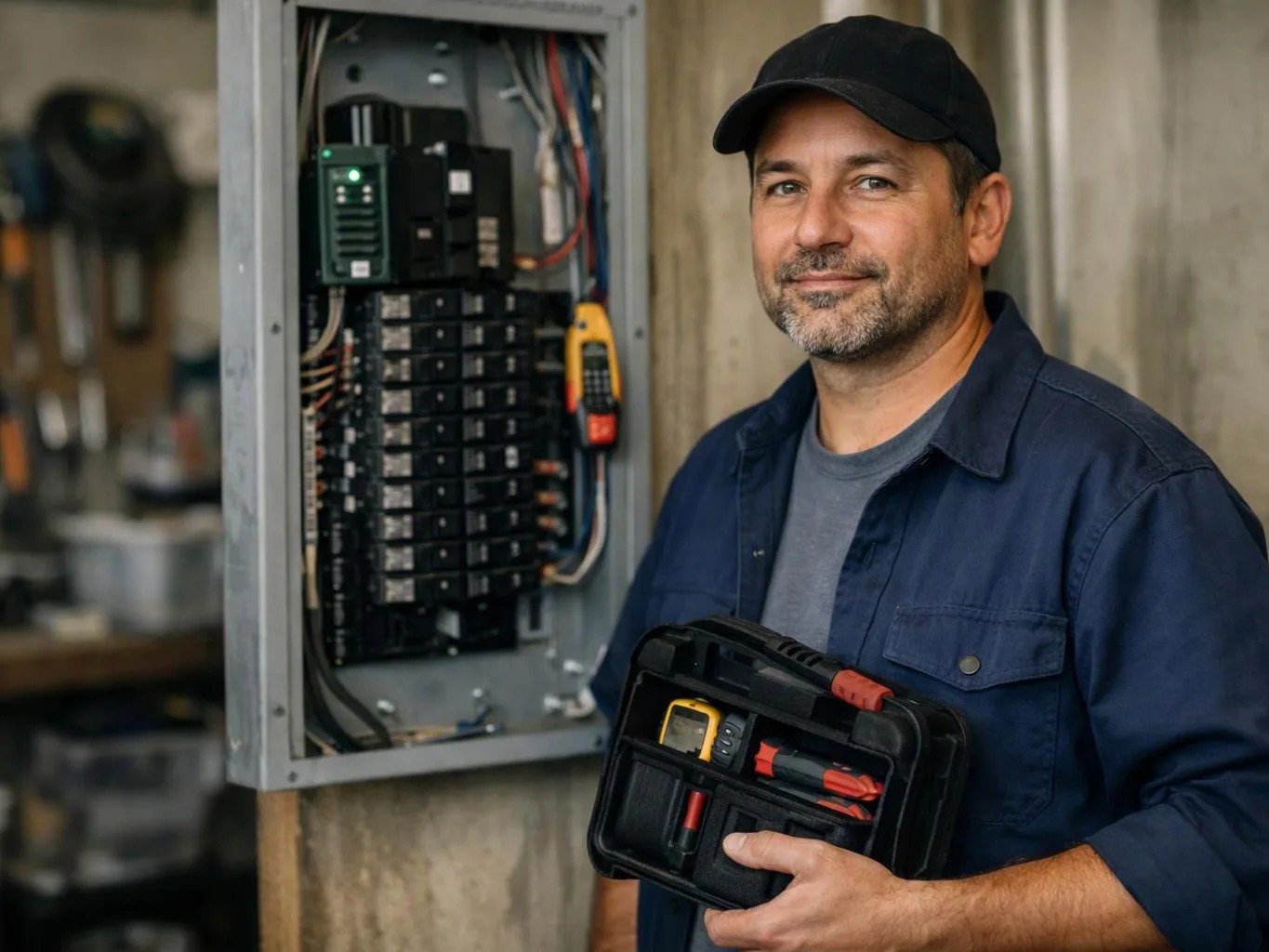 A smiling electrician holds a tool case beside an open breaker panel in a workshop