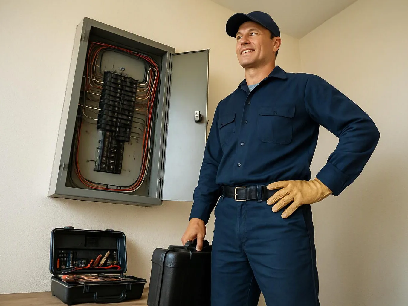 A smiling electrician in navy work clothes stands beside an open electrical panel and tool cases in a room