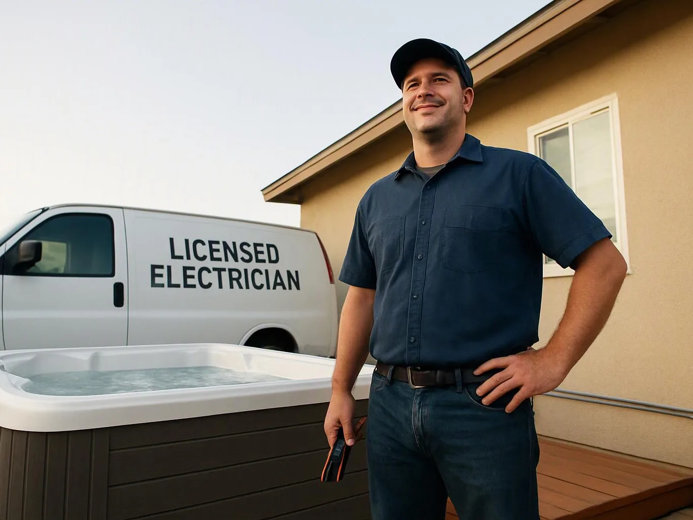 A smiling electrician stands beside a hot tub and a service van outside a house