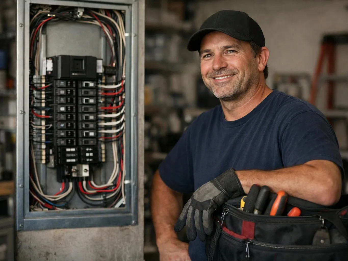 A smiling electrician stands beside an open breaker panel in a workshop, holding a tool bag
