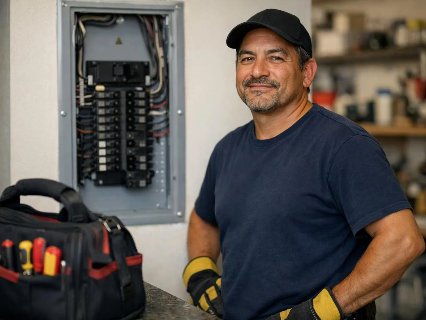 A smiling electrician stands by an open breaker panel, with a tool bag on the counter and shelves behind him